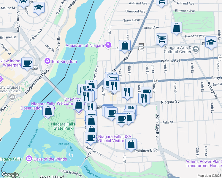 map of restaurants, bars, coffee shops, grocery stores, and more near 473 3rd Street in Niagara Falls