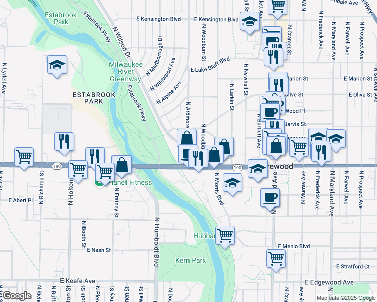 map of restaurants, bars, coffee shops, grocery stores, and more near 4042 North Wilson Drive in Shorewood
