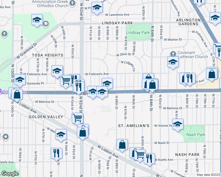 map of restaurants, bars, coffee shops, grocery stores, and more near 4027 North 88th Street in Milwaukee