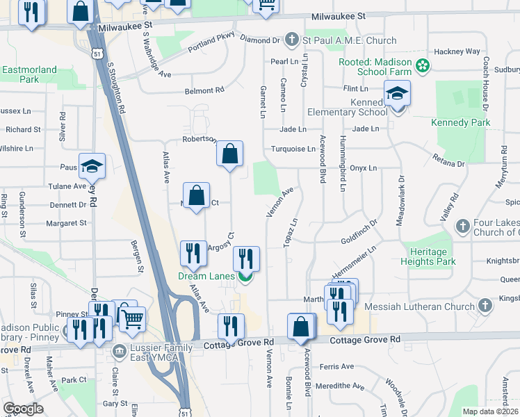 map of restaurants, bars, coffee shops, grocery stores, and more near 6 Ellie Circle in Madison