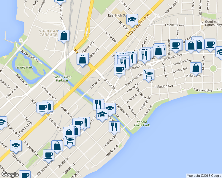 map of restaurants, bars, coffee shops, grocery stores, and more near 1950 Winnebago Street in Madison