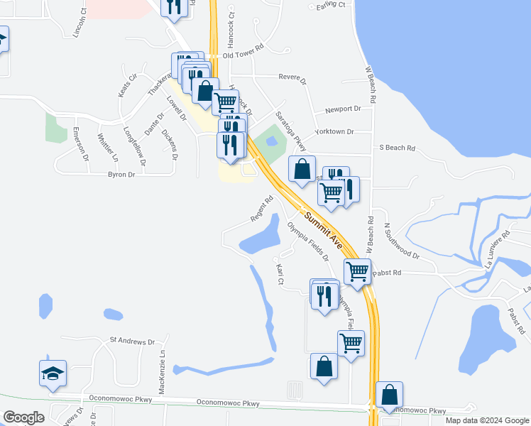 map of restaurants, bars, coffee shops, grocery stores, and more near 1021-1051 Regent Road in Oconomowoc