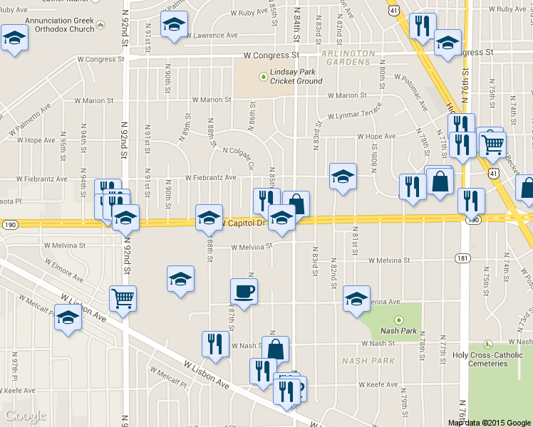 map of restaurants, bars, coffee shops, grocery stores, and more near 8500 West Capitol Drive in Milwaukee