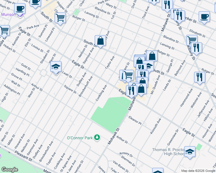 map of restaurants, bars, coffee shops, grocery stores, and more near 605 Eagle Street in Utica