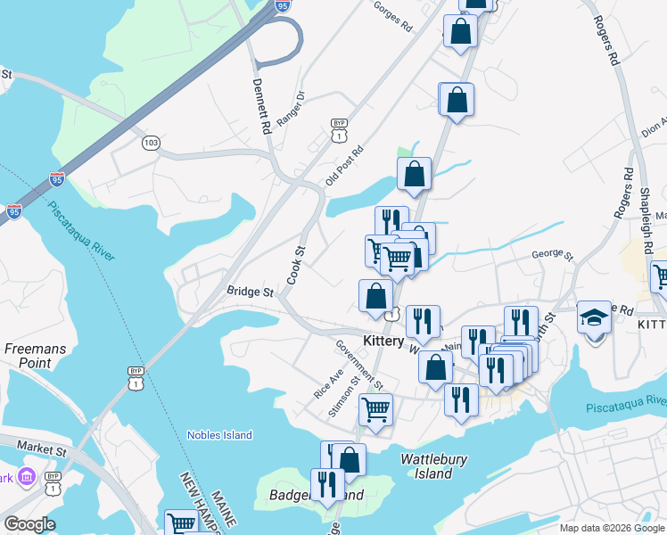 map of restaurants, bars, coffee shops, grocery stores, and more near 6 Rudolph Avenue in Kittery