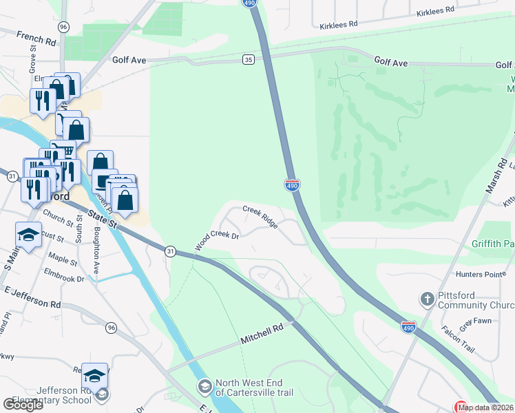 map of restaurants, bars, coffee shops, grocery stores, and more near 52 Creek Ridge in Pittsford