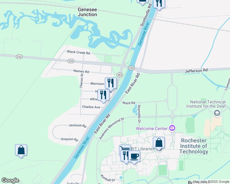 map of restaurants, bars, coffee shops, grocery stores, and more near Scottsville Rd & Harold Ave in Rochester