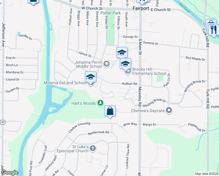 map of restaurants, bars, coffee shops, grocery stores, and more near 170 Hulburt Road in Fairport