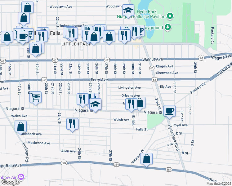 map of restaurants, bars, coffee shops, grocery stores, and more near 2734 Orleans Avenue in Niagara Falls