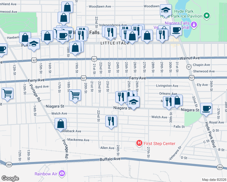 map of restaurants, bars, coffee shops, grocery stores, and more near 470 24th Street in Niagara Falls