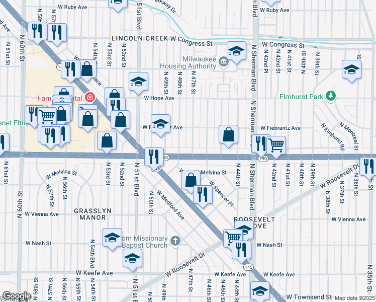 map of restaurants, bars, coffee shops, grocery stores, and more near 4022 North 47th Street in Milwaukee