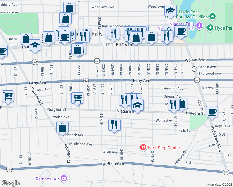 map of restaurants, bars, coffee shops, grocery stores, and more near 470 24th Street in Niagara Falls