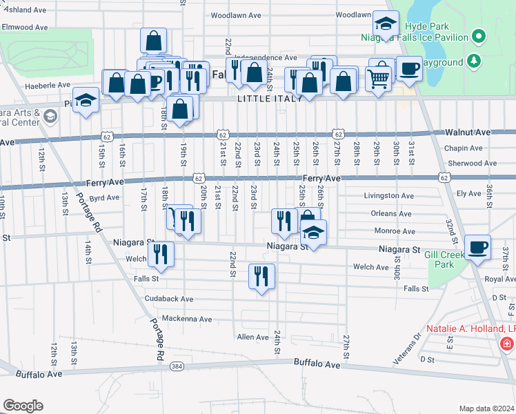 map of restaurants, bars, coffee shops, grocery stores, and more near 470 23rd Street in Niagara Falls