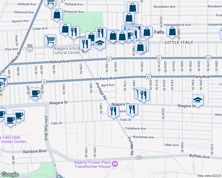 map of restaurants, bars, coffee shops, grocery stores, and more near 1421 Byrd Avenue in Niagara Falls