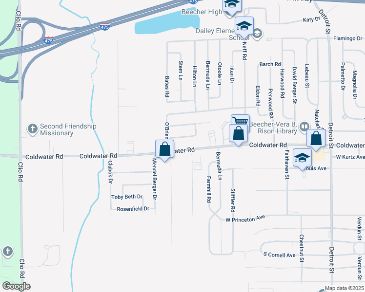map of restaurants, bars, coffee shops, grocery stores, and more near 2157 Armstrong Road in Mount Morris