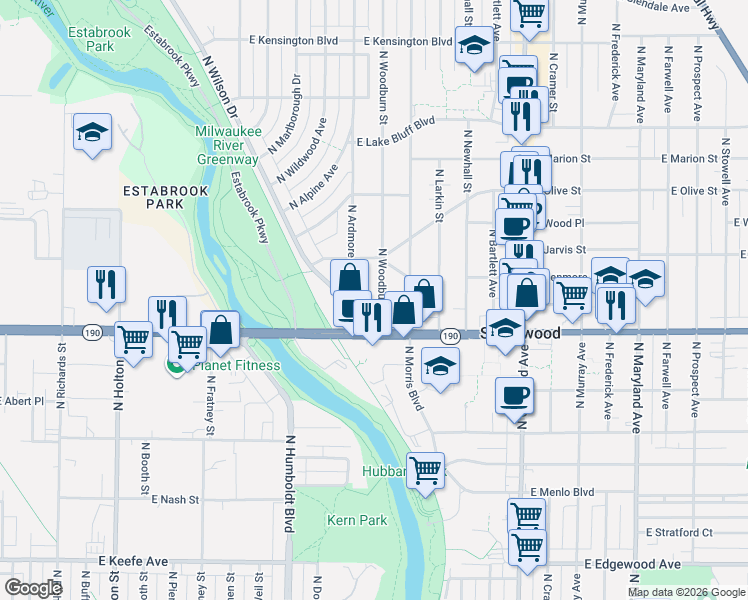 map of restaurants, bars, coffee shops, grocery stores, and more near 4111 North Woodburn Street in Shorewood