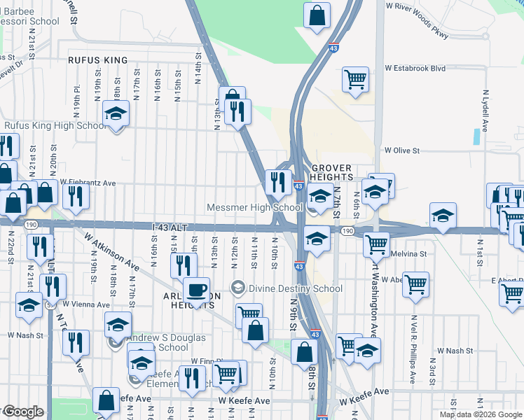 map of restaurants, bars, coffee shops, grocery stores, and more near 4057 North Green Bay Avenue in Milwaukee