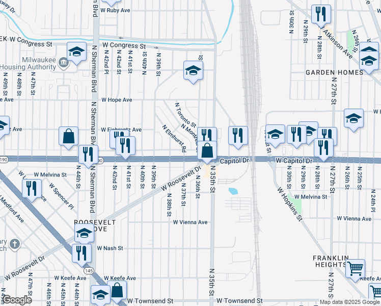 map of restaurants, bars, coffee shops, grocery stores, and more near 4023 North Montreal Street in Milwaukee