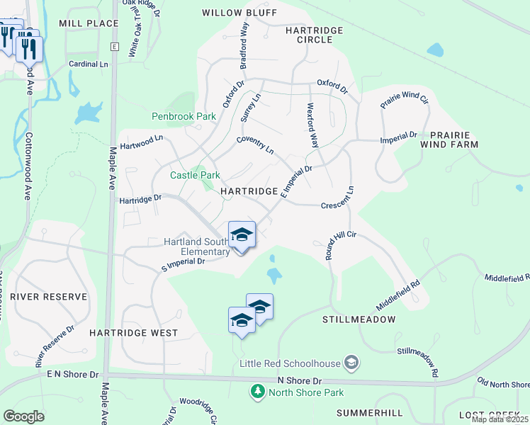 map of restaurants, bars, coffee shops, grocery stores, and more near 756-758 Penbrook Way in Hartland