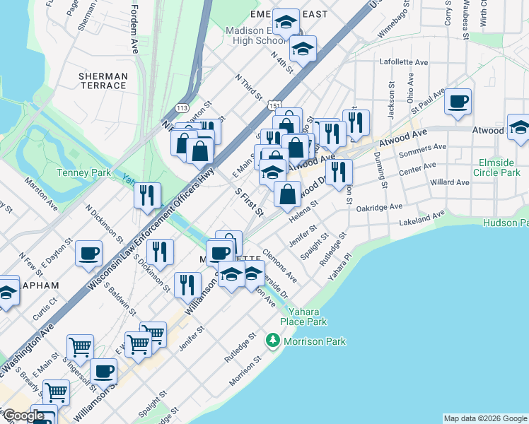 map of restaurants, bars, coffee shops, grocery stores, and more near 1950 Winnebago Street in Madison