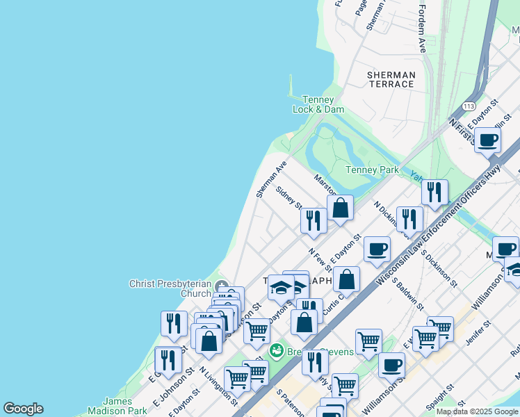 map of restaurants, bars, coffee shops, grocery stores, and more near 1158 Sherman Avenue in Madison