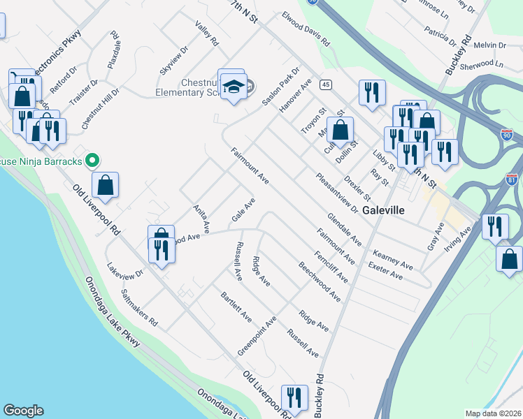 map of restaurants, bars, coffee shops, grocery stores, and more near 114 Gale Avenue in Liverpool