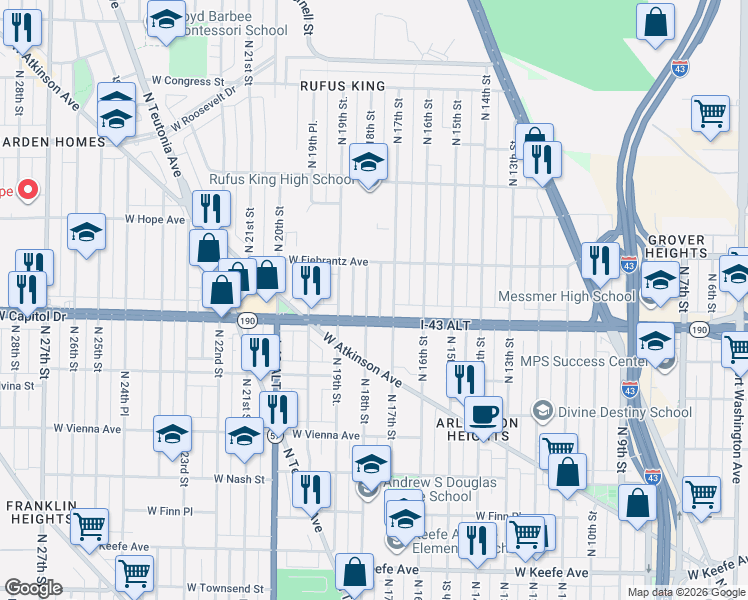 map of restaurants, bars, coffee shops, grocery stores, and more near 4038 North 18th Street in Milwaukee