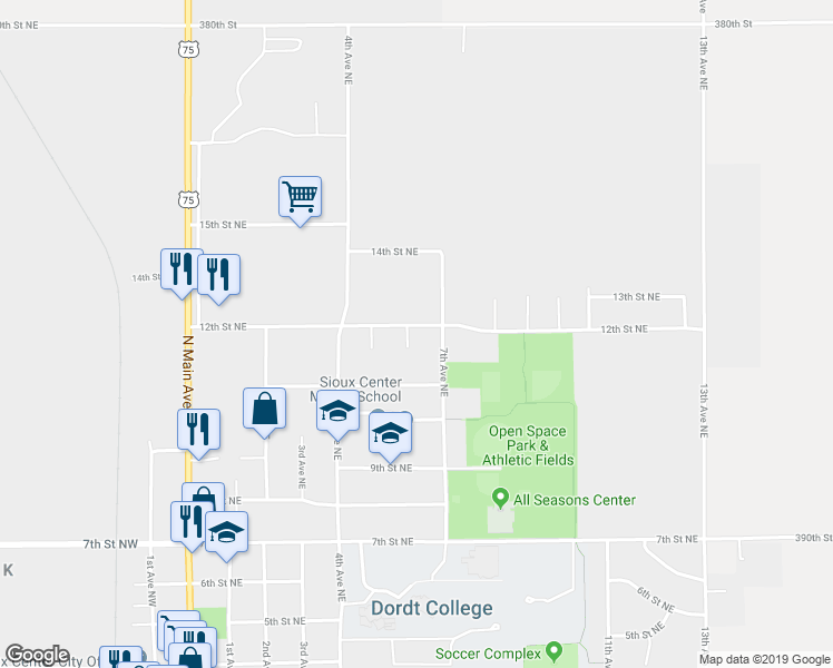 map of restaurants, bars, coffee shops, grocery stores, and more near 635 12th Street Northeast in Sioux Center
