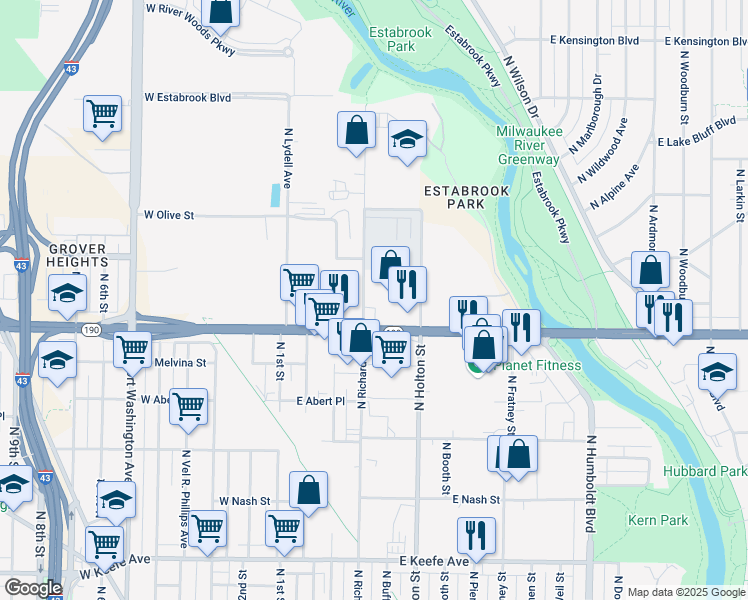 map of restaurants, bars, coffee shops, grocery stores, and more near 362 East Capitol Drive in Milwaukee