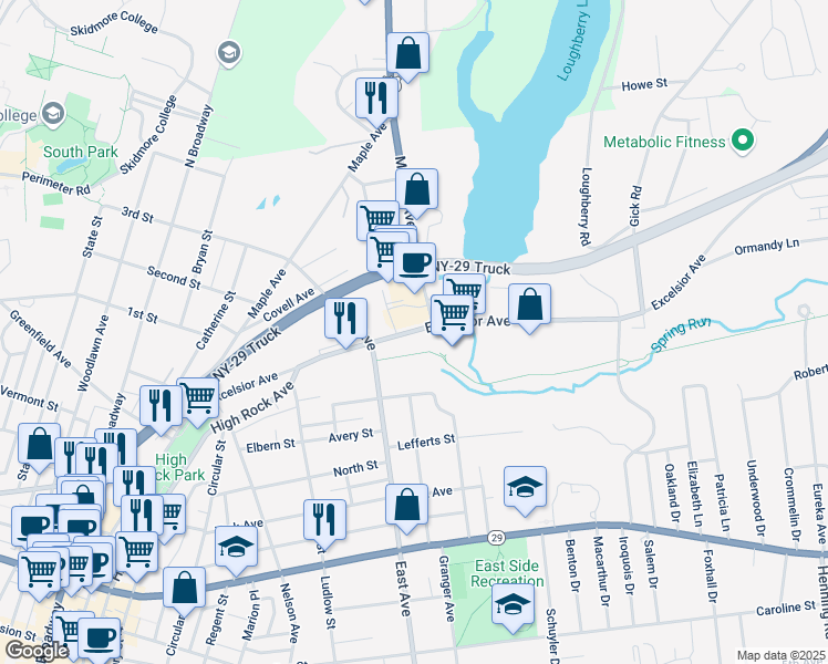 map of restaurants, bars, coffee shops, grocery stores, and more near 128 Excelsior Avenue in Saratoga Springs