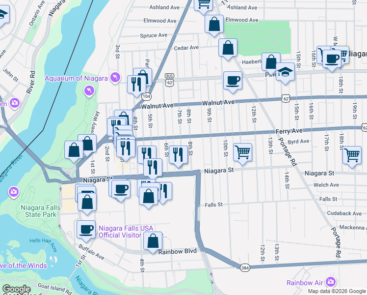 map of restaurants, bars, coffee shops, grocery stores, and more near 455 7th Street in Niagara Falls