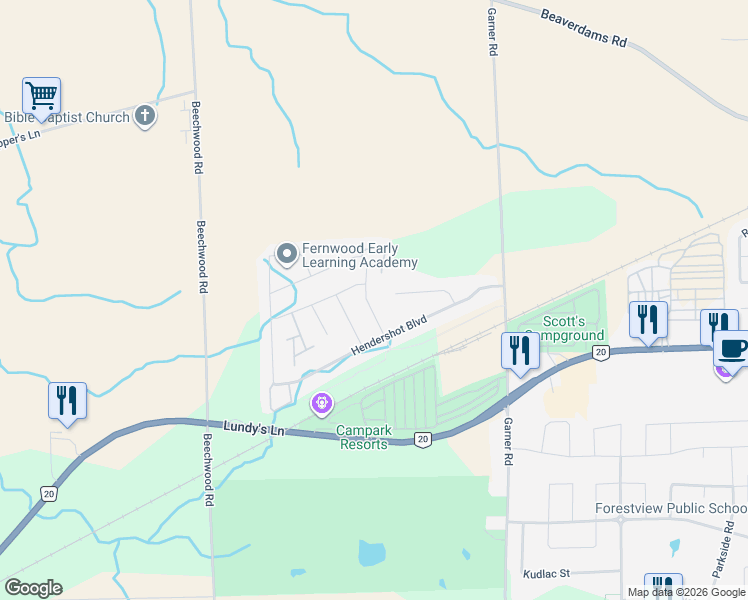 map of restaurants, bars, coffee shops, grocery stores, and more near 5784 Ironwood Street in Niagara Falls