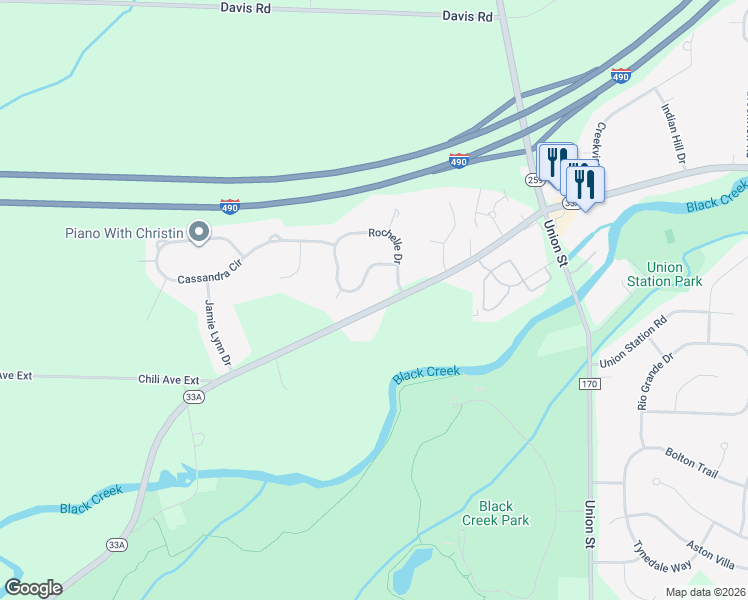 map of restaurants, bars, coffee shops, grocery stores, and more near 1 Rochelle Drive in Churchville