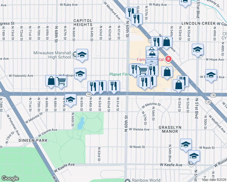 map of restaurants, bars, coffee shops, grocery stores, and more near 4021 North 61st Street in Milwaukee