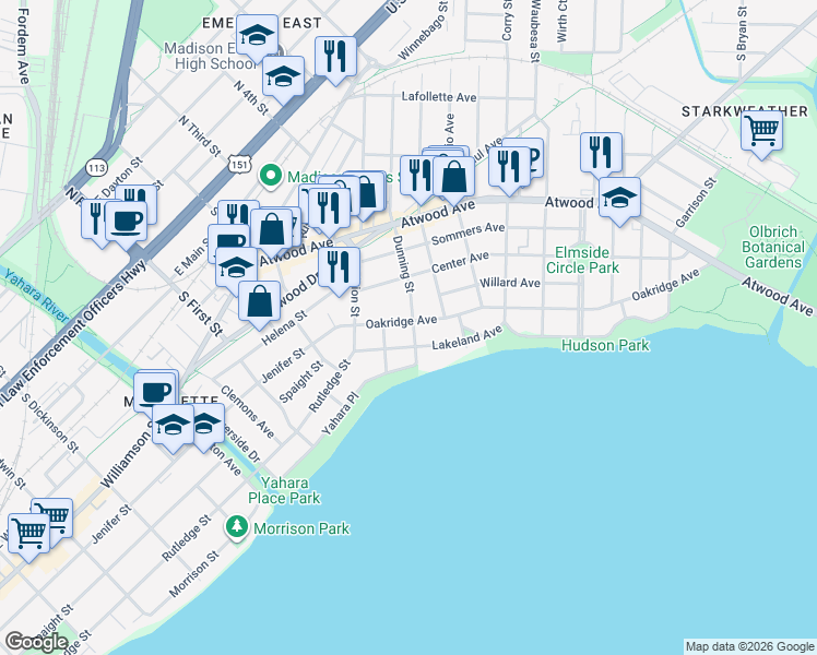 map of restaurants, bars, coffee shops, grocery stores, and more near 622 Dunning Street in Madison