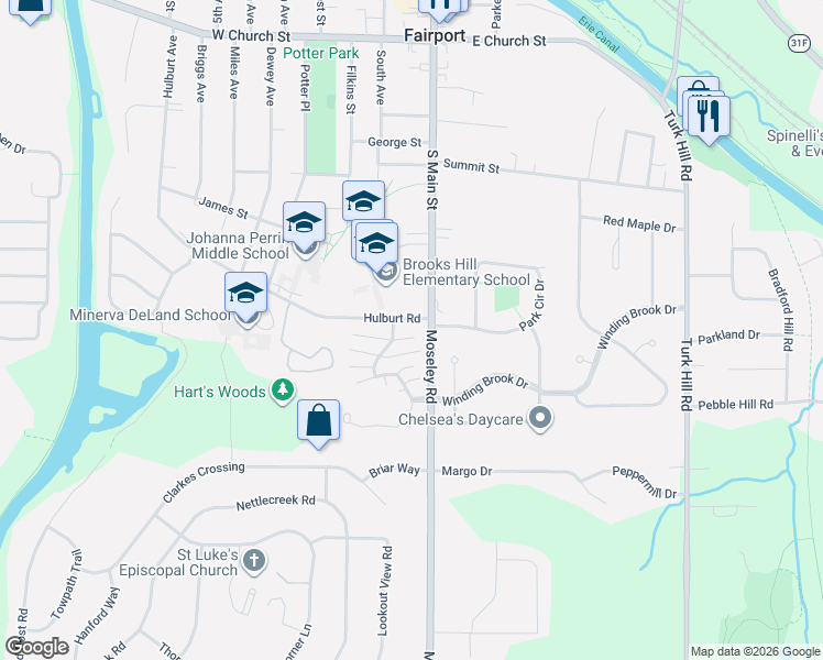 map of restaurants, bars, coffee shops, grocery stores, and more near 6 High Gate Trail in Fairport