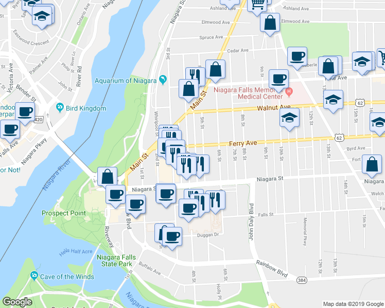 map of restaurants, bars, coffee shops, grocery stores, and more near 461 4th Street in Niagara Falls