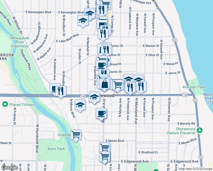 map of restaurants, bars, coffee shops, grocery stores, and more near 1821 East Kenmore Place in Shorewood