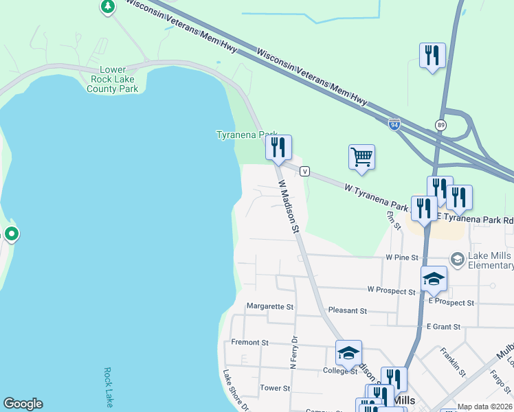 map of restaurants, bars, coffee shops, grocery stores, and more near W7835 Shore Acres Road in Lake Mills