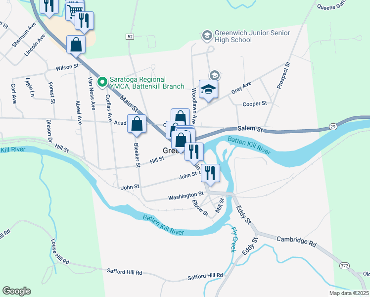 map of restaurants, bars, coffee shops, grocery stores, and more near 103 Main Street in Greenwich