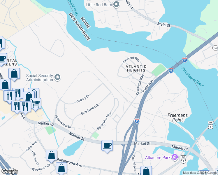 map of restaurants, bars, coffee shops, grocery stores, and more near 6 Dunlin Way in Portsmouth