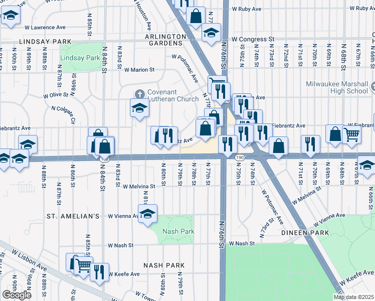 map of restaurants, bars, coffee shops, grocery stores, and more near 7901 West Fiebrantz Avenue in Milwaukee