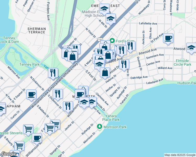 map of restaurants, bars, coffee shops, grocery stores, and more near 1835 Winnebago Street in Madison