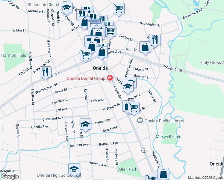 map of restaurants, bars, coffee shops, grocery stores, and more near 320 Main Street in Oneida