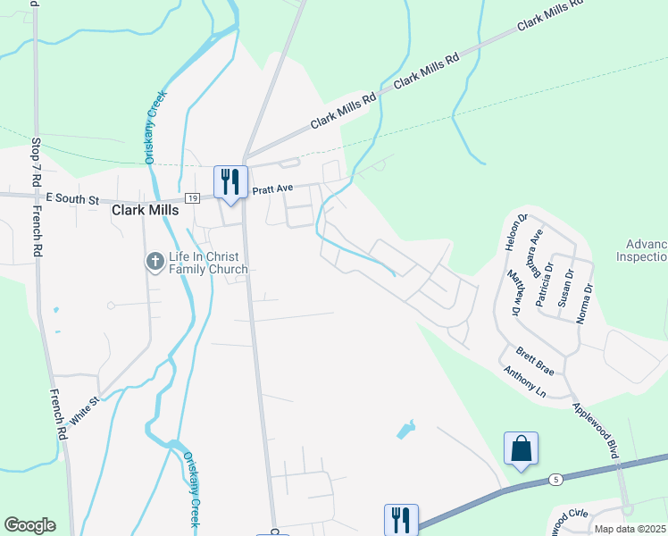 map of restaurants, bars, coffee shops, grocery stores, and more near 15 Millstream Court in Clark Mills