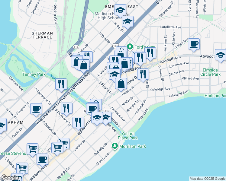 map of restaurants, bars, coffee shops, grocery stores, and more near 1835 Winnebago Street in Madison