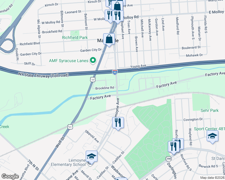map of restaurants, bars, coffee shops, grocery stores, and more near 212 Brookline Road in Syracuse