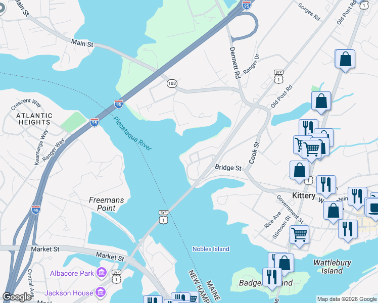 map of restaurants, bars, coffee shops, grocery stores, and more near 25 Oak Terrace in Kittery