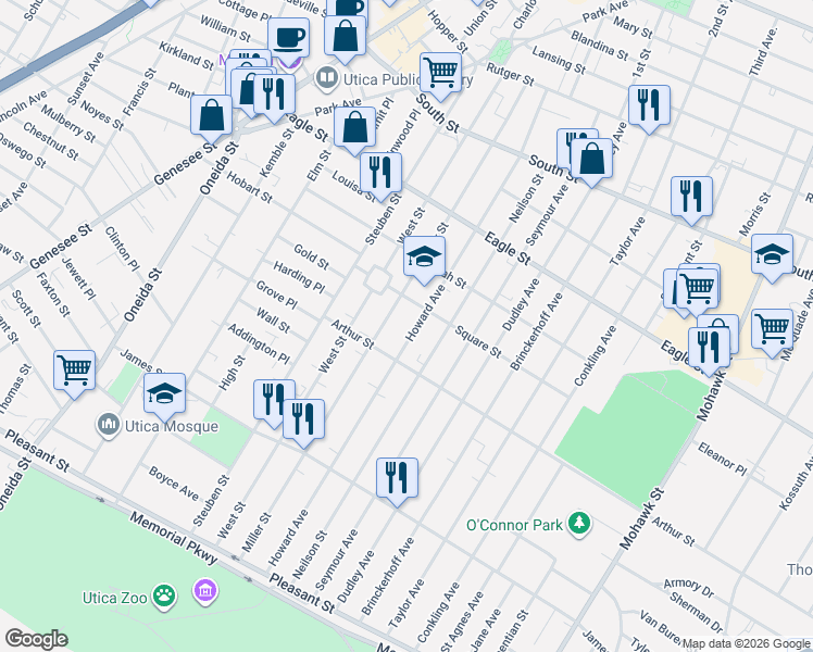map of restaurants, bars, coffee shops, grocery stores, and more near 1406 Howard Avenue in Utica