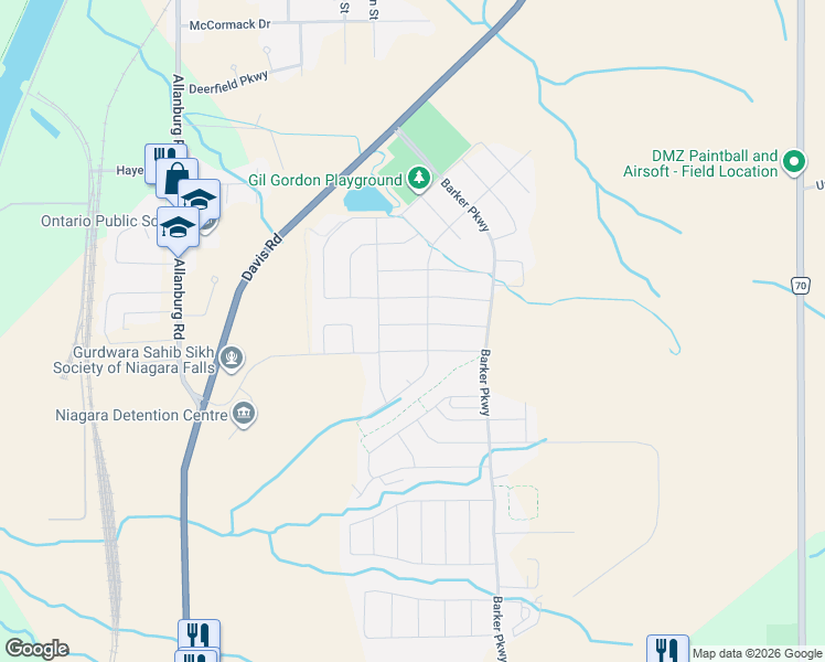 map of restaurants, bars, coffee shops, grocery stores, and more near 27 Harmony Way in Thorold